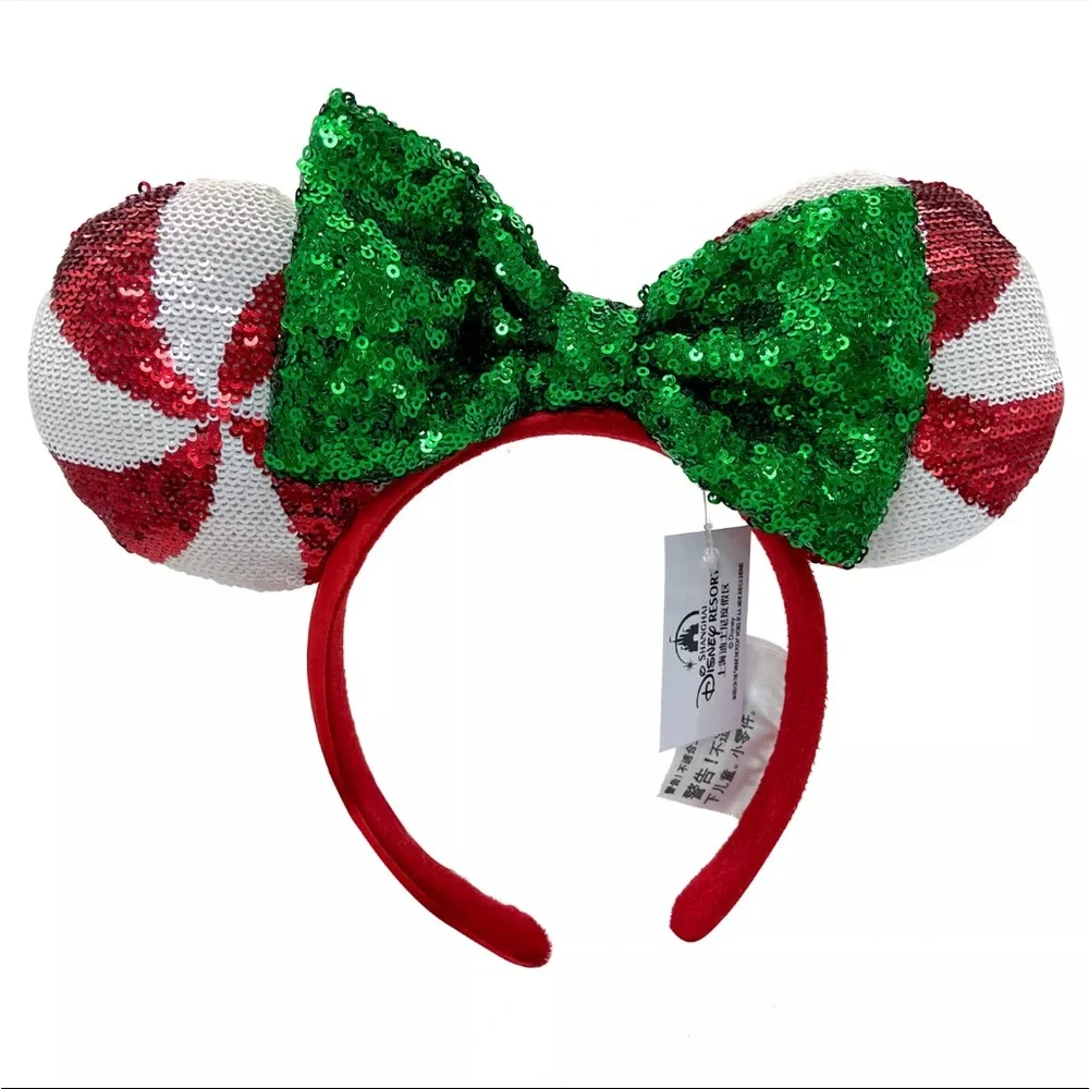 🎄NWT Disney Parks Christmas Candy Cane Sequin Mickey Minnie Ears Headband